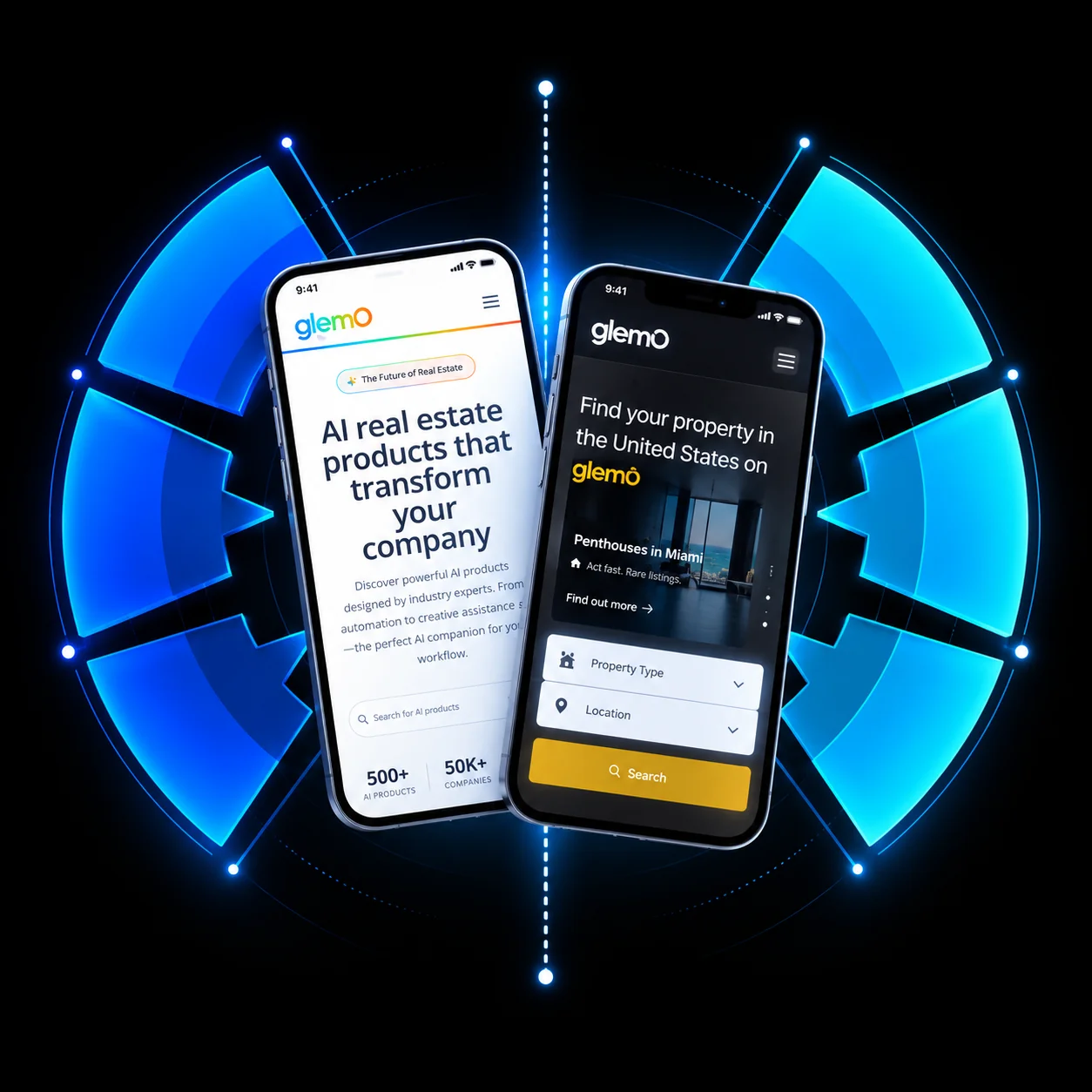Two glemO mobile experiences connected through a luminous blue infrastructure network
