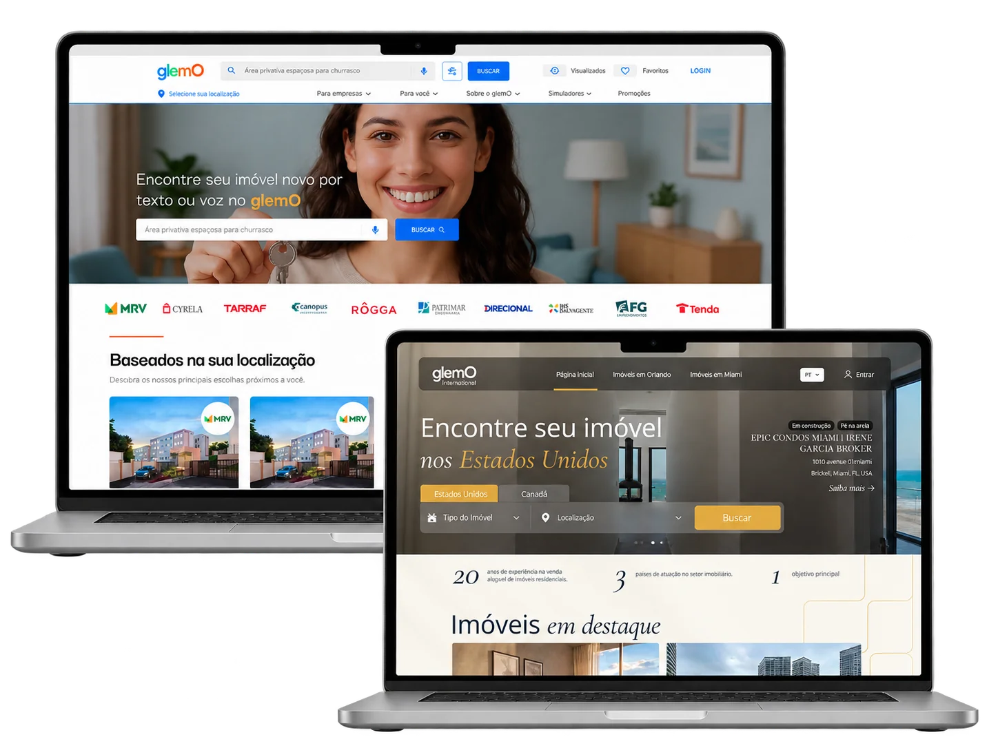 glemO domestic and international real estate marketplaces displayed on two laptops